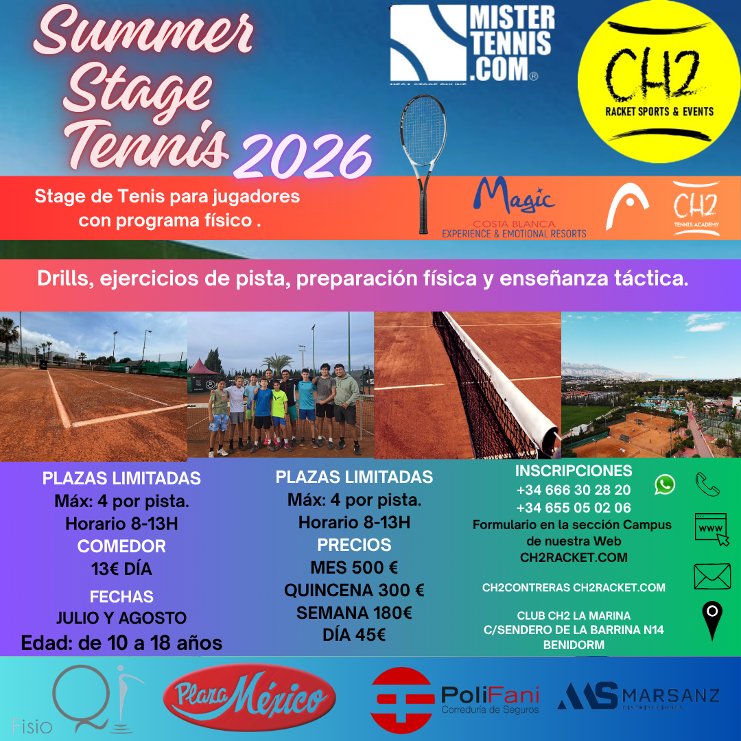 Cartel del stage de verano organizado por CH2 Racket